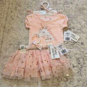NWT 6m Baby Starters Peach/Pink Unicorn Set paired with pink/gold star skirt